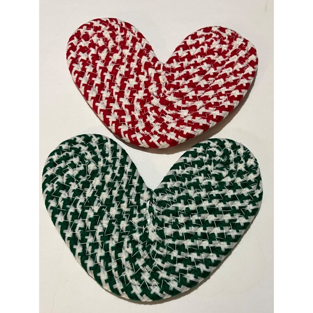 Woven Heart-Shaped Hot Pads Set Of 2 Red & Green Handmade Acrylic 100% Made In T